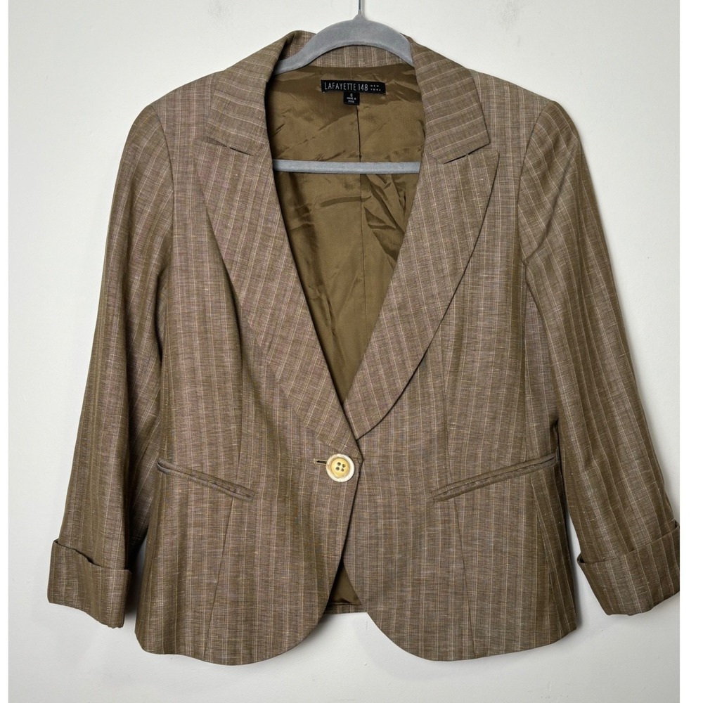 Lafayette 148 Womens Wool Linen Blazer Jacket 6 Designer Career Casual Pinstripe